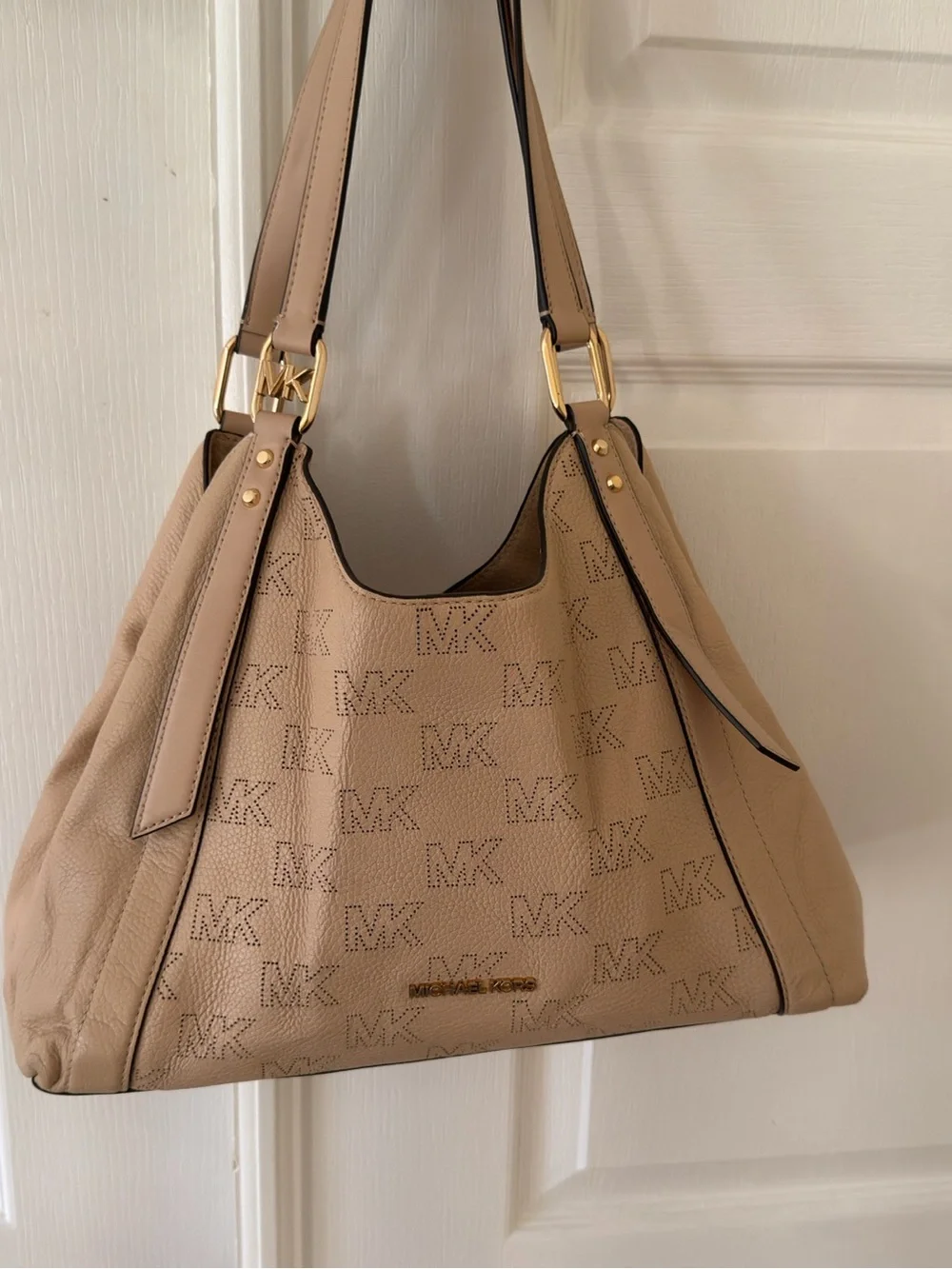 Michael Kors Beige Taupe Perforated MK Leather Hobo with Gold Hardware